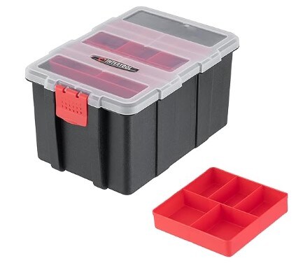 4 QT, Multipurpose Plastic Organiser Case, Removable 5 Compartment Tray,  Tool & Sewing Tackle Box, Secure Latch, First Aid & Crafts Storage Box
