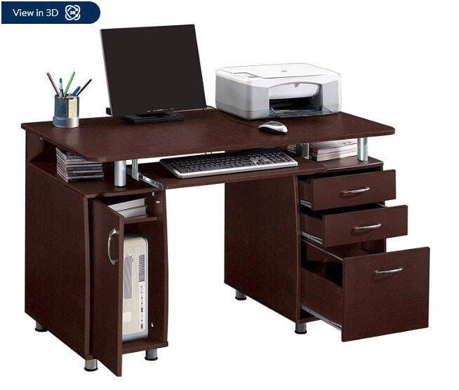 Ktaxon Brown Home Office Study Writing Table 3 Drawers Bookcase Computer PC Desk