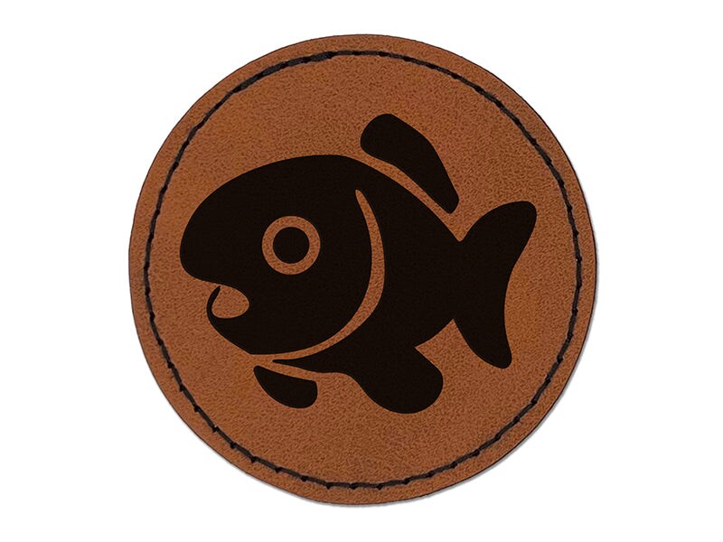 Cute Fish Round Iron-On Engraved Faux Leather Patch Applique - 2.5&#x22;