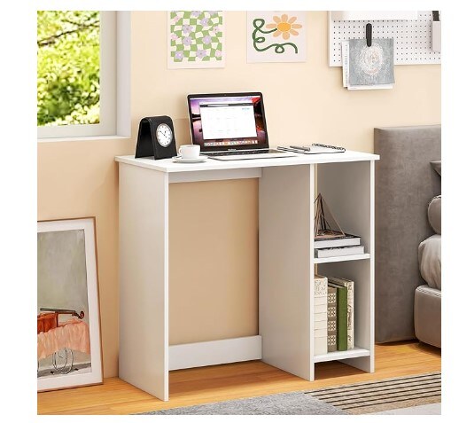 Little White Desk with Shelves, Sturdy Desk for Little Area, Study Writing Desk with Two Tier Shelves, Laptop Desk, PC Desk, Children's Desk, Modern Simple Style