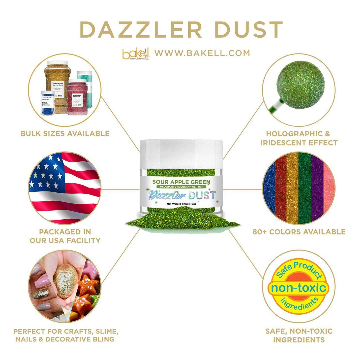 Bakell - Sour Apple Dazzler Dust (5g, 1x Jar) Non-Toxic Decorating Glitter for Arts and Crafts