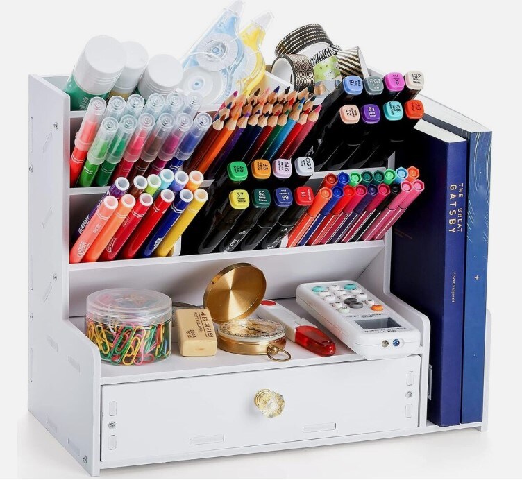 Desk Pen Holder, Desktop Stationery Organizer with 12 Compartments