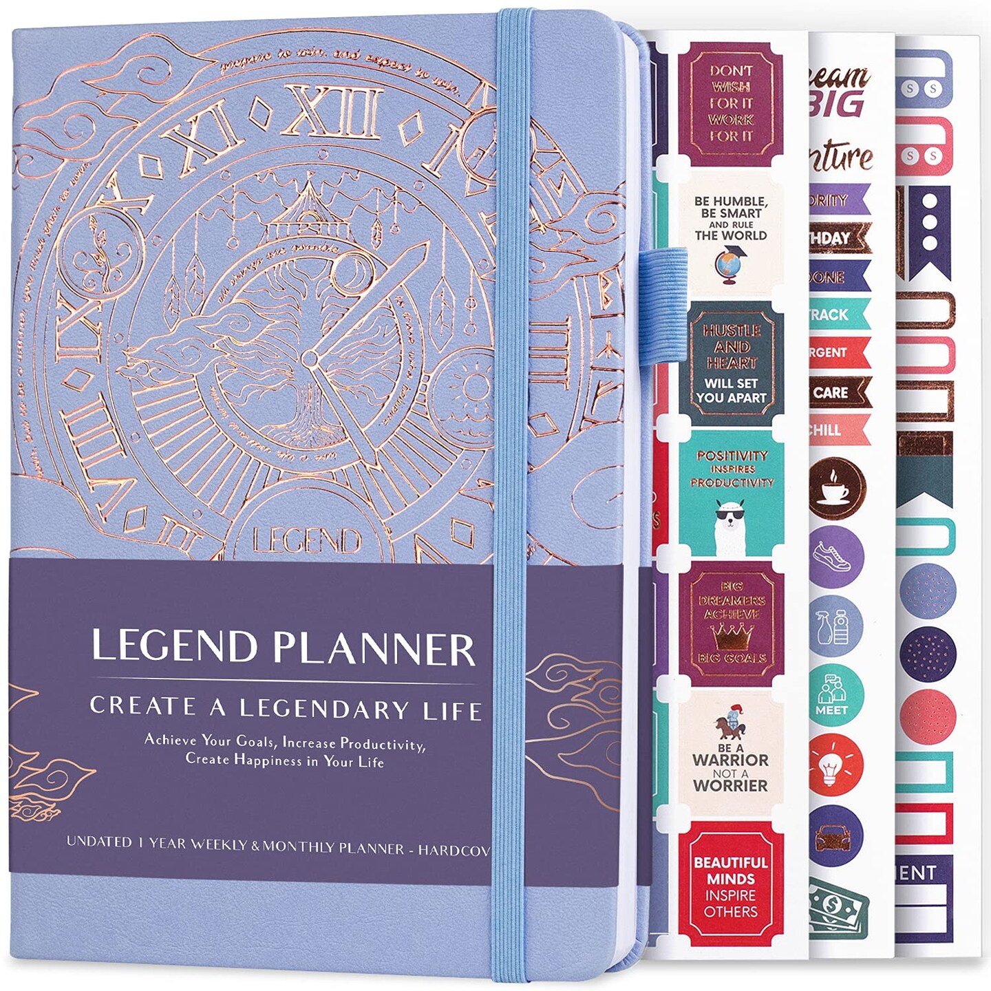 Legend Planner &#x2013; Deluxe Weekly &#x26; Monthly Life Planner to Hit Your Goals &#x26; Live Happier. Organizer Notebook &#x26; Productivity Journal. A5 Hardcover, Undated &#x2013; Start Any Time + Stickers &#x2013; Periwinkle Gold