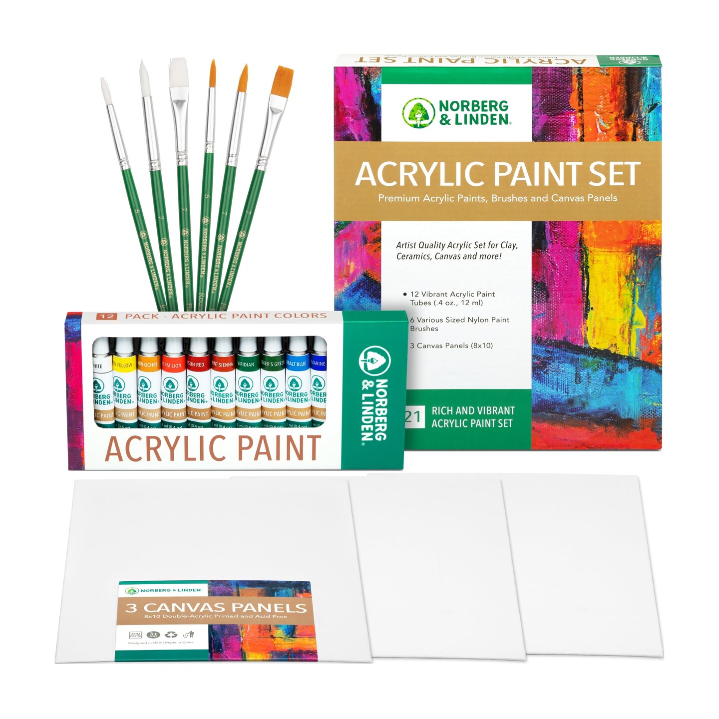 Norberg & Linden Acrylic Paint Set - Canvas and Acrylic Paint Sets for  Adults, Teens, Kids - Includes 24 Vivid Colors, 3 Painting Canvas Panels, 6