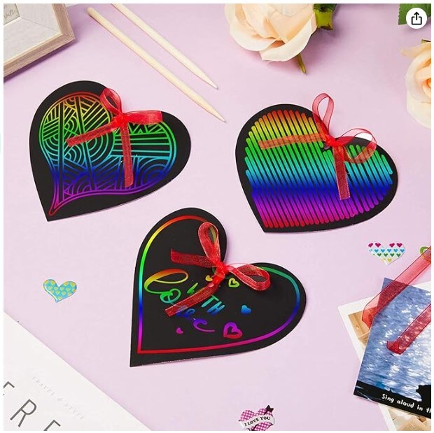 28 pieces. Valentine Crafts Scratch Paper Ornaments Heart Shaped Rainbow Scratch Craft Art