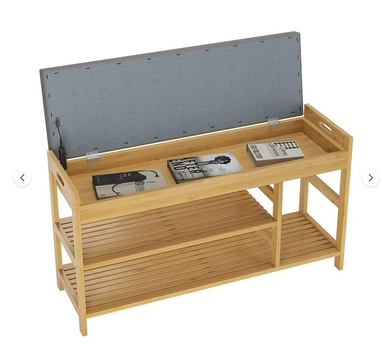Bamboo Shoe Bench, Natural (up to 7 Shoes), 2 Tiers Shoe Rack with Storage and Padded Seat for Entryway, Bathroom