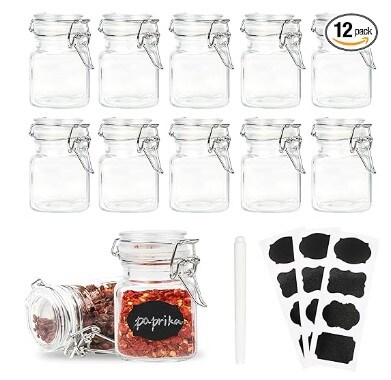 Glass Jars with Airtight Lids, 3.4 oz Small Spice Jars, 12 Pack Empty Mini Glass Bottles with Silicone Gasket, Chalkboard Labelled Herb Containers with Marker for Kitchen