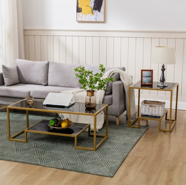 Modern Black Glass Top Coffee Table Rectangle End Side Table Gold Metal Frame