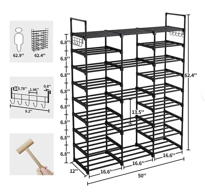9 Tiers Metal Shoe Storage Shelf for 50-55 Pairs Shoe and Boots, Space Saving Large Shoe Cabinet for Bedroom Cloakroom Hallway