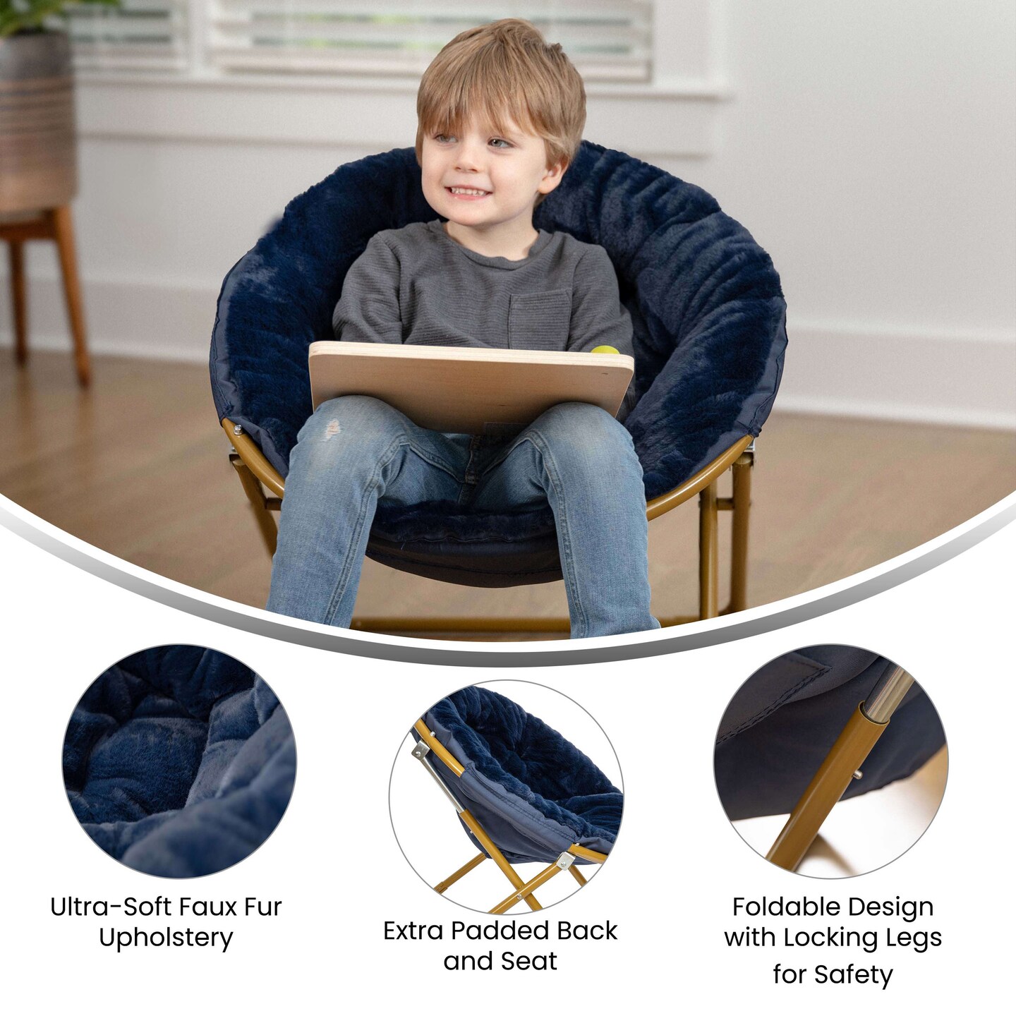 Emma and Oliver Io Kid&#x27;s Folding Saucer Chair with Cozy Faux Fur Upholstery and Metal Frame for Playroom, Bedrooms, Nursery and More