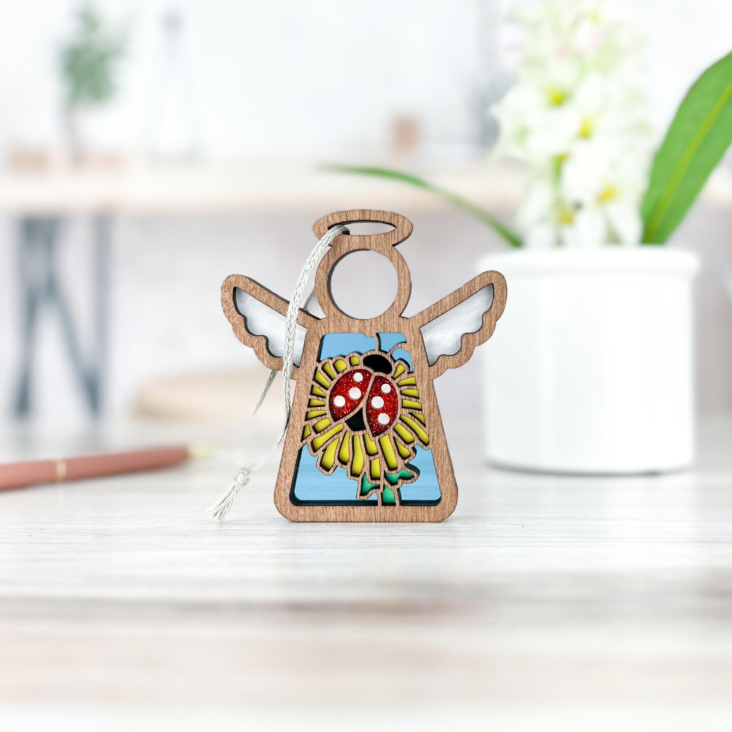 3.5&#x22; (H) Ladybug and Dandelion Ornament - Handcrafted in Texas - Mother&#x27;s Angels&#xAE; Figurine - Mother&#x27;s Day Gifts