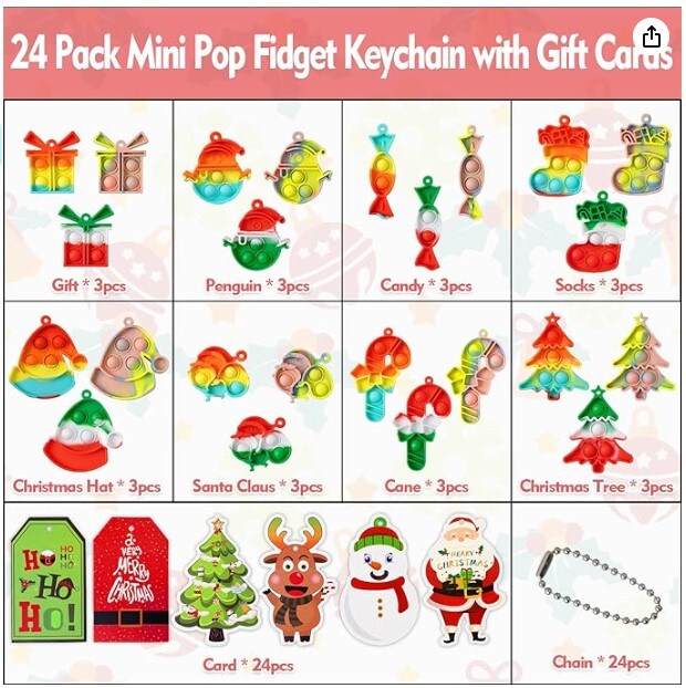 24 Pack Mini Pop Fidget Keychain for Toddler Kids Classroom Gifts - Christmas Party Favors for Kids Gifts for Christmas Stockings