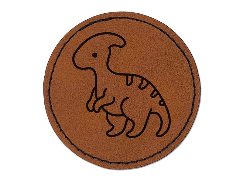Baby Nursery Parasaurolophus Dinosaur Round Iron-On Engraved Faux Leather Patch Applique - 2.5&#x22;