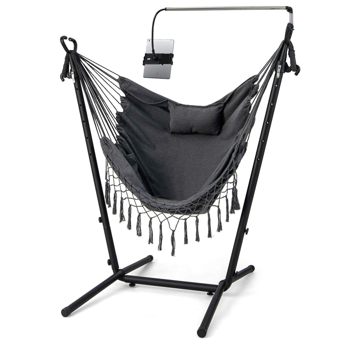 Height Adjustable Hammock Chair with Phone Holder and Side Pocket-grey