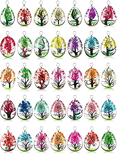 36 Pieces Lacework Transparent Resin Beads Necklace Pendant Mixed Colors Dried Flower Tree Resin Bead Pendant Charm Beads Bracelet Making Kit for Girls DIY Jewelry Crafts (Drop Shape, Oval Shape)