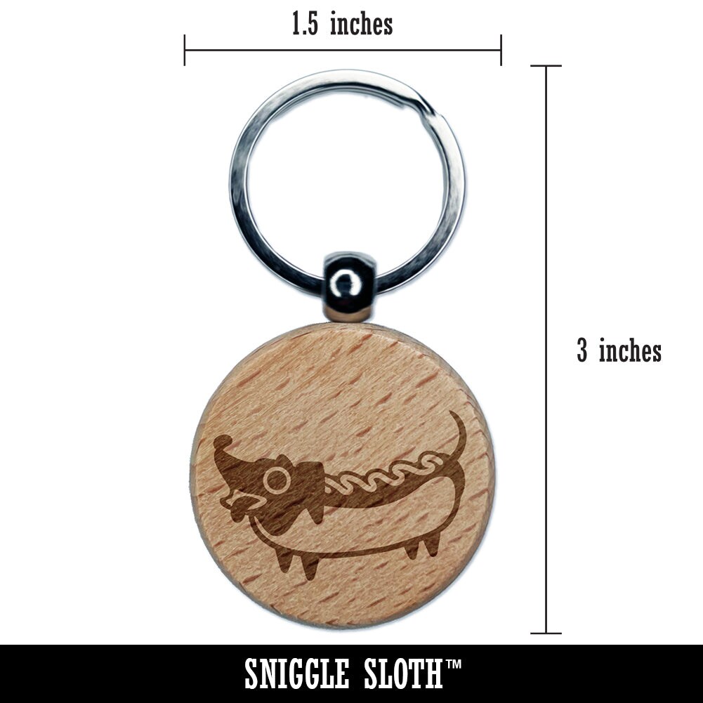 Dachshund Wiener Dog Hotdog Engraved Wood Round Keychain Tag Charm