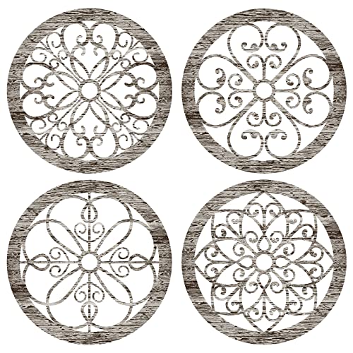 4 Pieces Thicken Rustic Wall Decor Farmhouse Wall Art Decor Wooden Hollow Carved Design Rustic Round Wall Art for Living Room Bedroom Hallway Decor Office Kitchen Wall (Retro White,10 x 10 Inch)