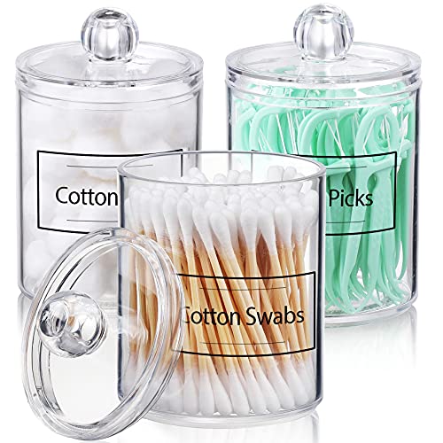 AOZITA 3 Pack Qtip Holder Dispenser for Cotton Ball, Cotton Swab, Cotton Round Pads, Floss - 10 oz Clear Plastic Apothecary Jar Set for Bathroom Canister Storage Organization, Vanity Makeup Organizer