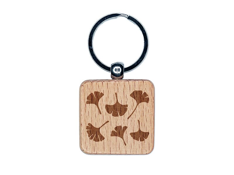 Gingko Leaves Engraved Wood Square Keychain Tag Charm