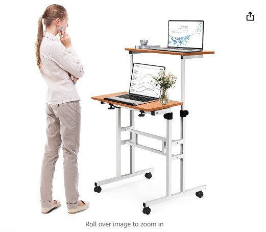 Mobile Standing Desk, Height Adjustable Rolling Laptop Cart w/Tilting Desktop for Standing or Sitting, Lockable Casters, Home Office Computer Workstation for Small Spaces (Walnut)
