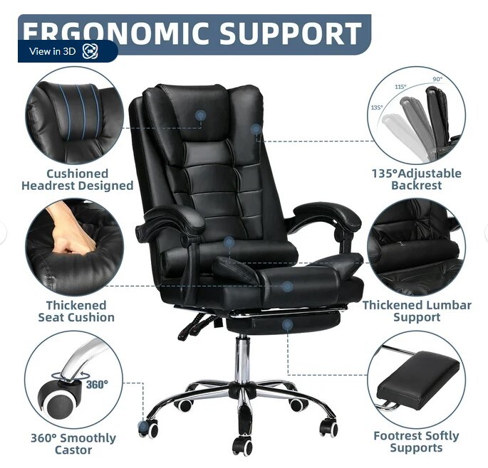 Large and tall executive leather chair with adjustable backrest and wheels for an ergonomic computer desk Black Footrest with Lumbar Support for Home Office