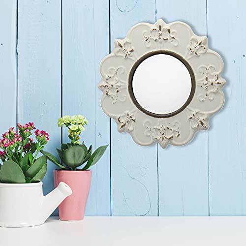8&#x22; Round Off White Ceramic Accent Wall Mirror with Attached Hanging Loop, Decorative Vintage Decor for the Living Room, Bedroom, Hallway, and Entryway