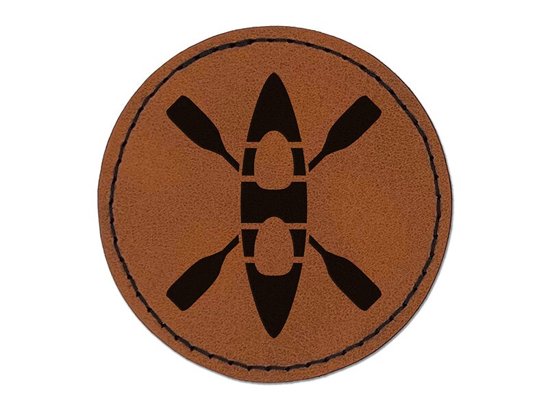 Double Kayak with Crossed Paddles Round Iron-On Engraved Faux Leather Patch Applique - 2.5&#x22;