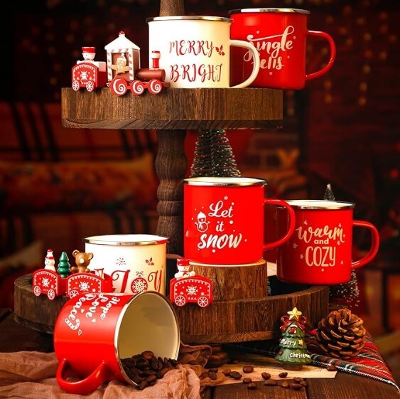 Christmas Enamel Winter Holiday Coffee Mugs with Quotes 12 Pcs Seasonal Merry Christmas Mugs 12 Oz Cups in white and red (Believe) Funny Novelty Xmas Coffee Mugs for Women, Coworkers, and Kids
