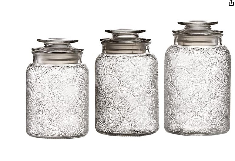Canister Set 3-Piece Glass Jars with Airtight Lids in 34oz, 44oz, and 54oz Retro Designs for Cookies, Candy, Coffee, Flour, Sugar, Rice, Pasta, Cereal, and More