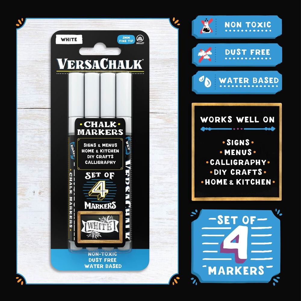 VersaChalk White Liquid Chalk Markers for Chalkboards, Set of 4 - 3mm Fine Tip