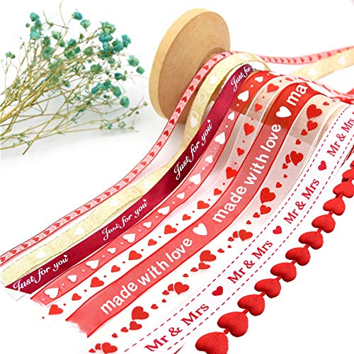changsha 9 Rolls Hearts Ribbon Set - Valentine&#x27;s Day Mother&#x27;s Day Satin Ribbon, Printed Heart Ribbons for Gift Wrapping, Wedding Birthday Party Decorations, Crafts DIY Supplies (Valentine)