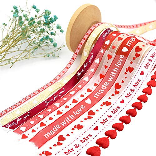 9 Rolls Hearts Ribbon Set - Valentine's Day Mother's Day Satin Ribbon, Printed Heart Ribbons for Gift Wrapping, Wedding Birthday Party Decorations, Crafts DIY Supplies (Valentine)