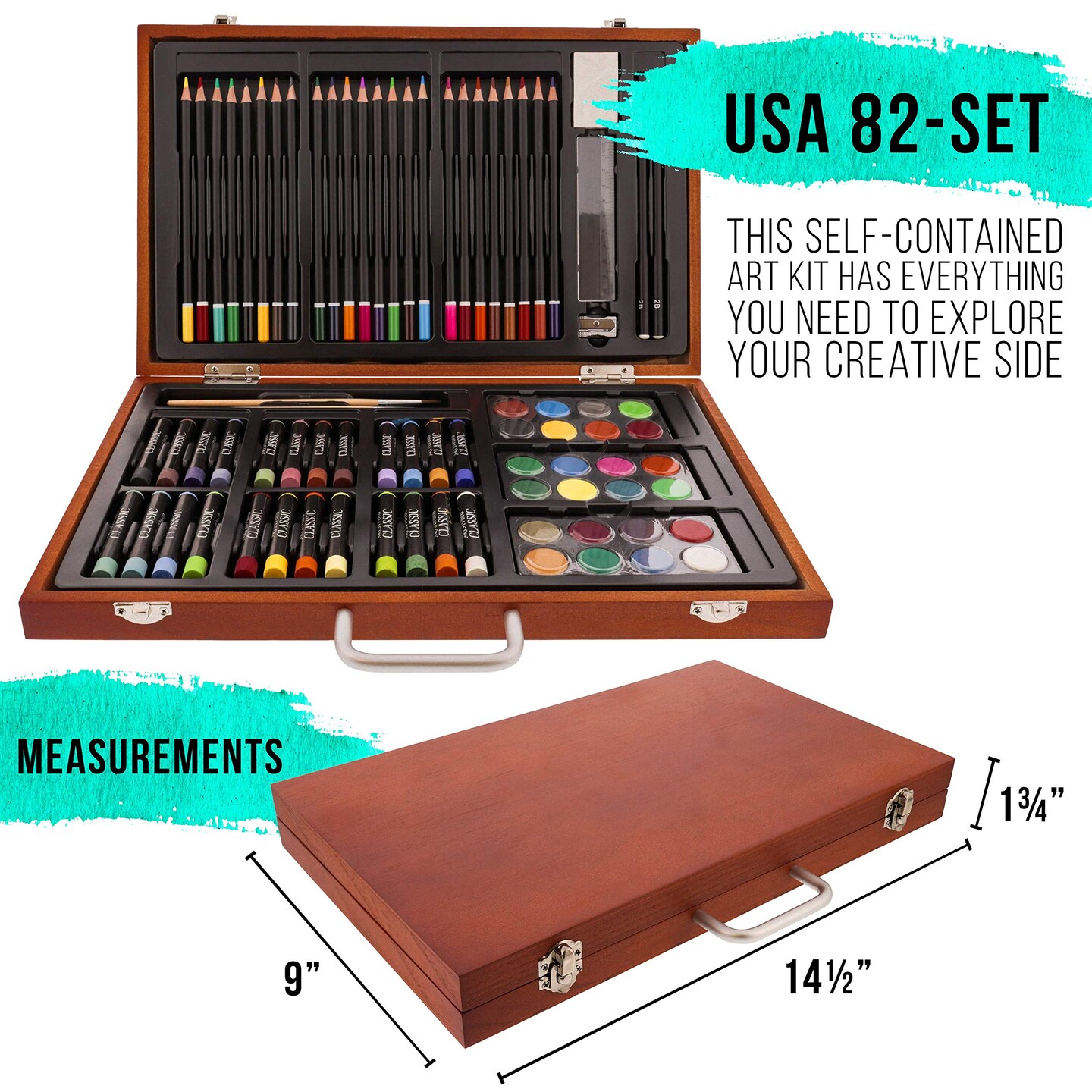 82 Pieces Deluxe Artist Studio Creativity Set Wood Box Case - Art Painting, Sketching Drawing Set, 24 Watercolor Paint Colors, 24 Oil Pastels, 24 Colored Pencils, 2 Brushes, Starter Kit
