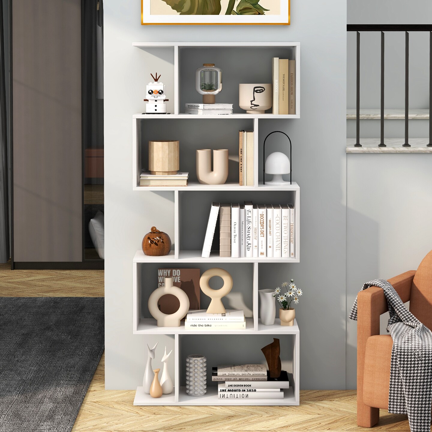 Costway 5-Tier Bookshelf Geometric S-Shaped Bookcase Room Divider Storage Display Shelf