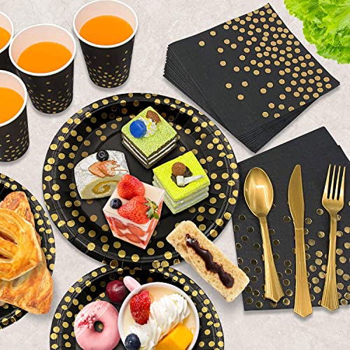 175PCS Black and Gold Party Supplies, Severs 25 Disposable Party Dinnerware Gold Plastic Forks Knives Spoons and Golden Dot Black Paper Plates Black Napkins Cups for New Years Graduation Birthday