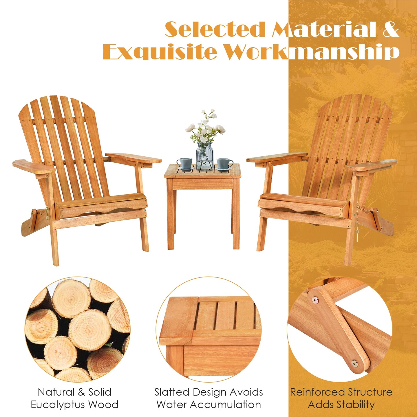3 Pieces Fold-able Adirondack Chair Set with Widened Armrest