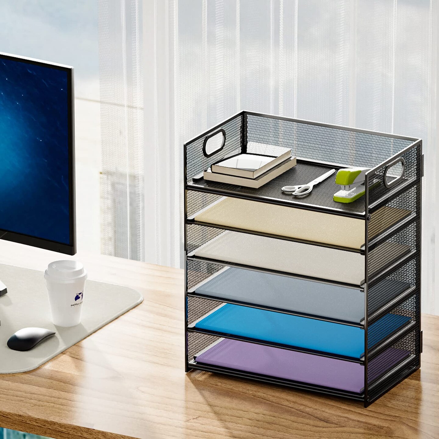 Marbrasse Mesh Desk Organiser Tray, 6 Tier Letter Tray Organiser with Hander,Office Trays Desk Organiser Accessories, Paper Tray Organiser for A4 File Holder - Black