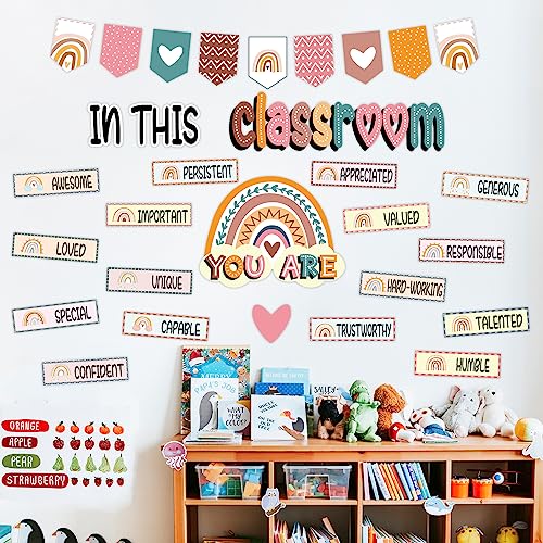 32pcs Classroom Bulletin Board Decorations Set - Boho Rainbow Motivational Words Cutouts Bulletin Decorations for Teachers School Classroom Bulletin Board