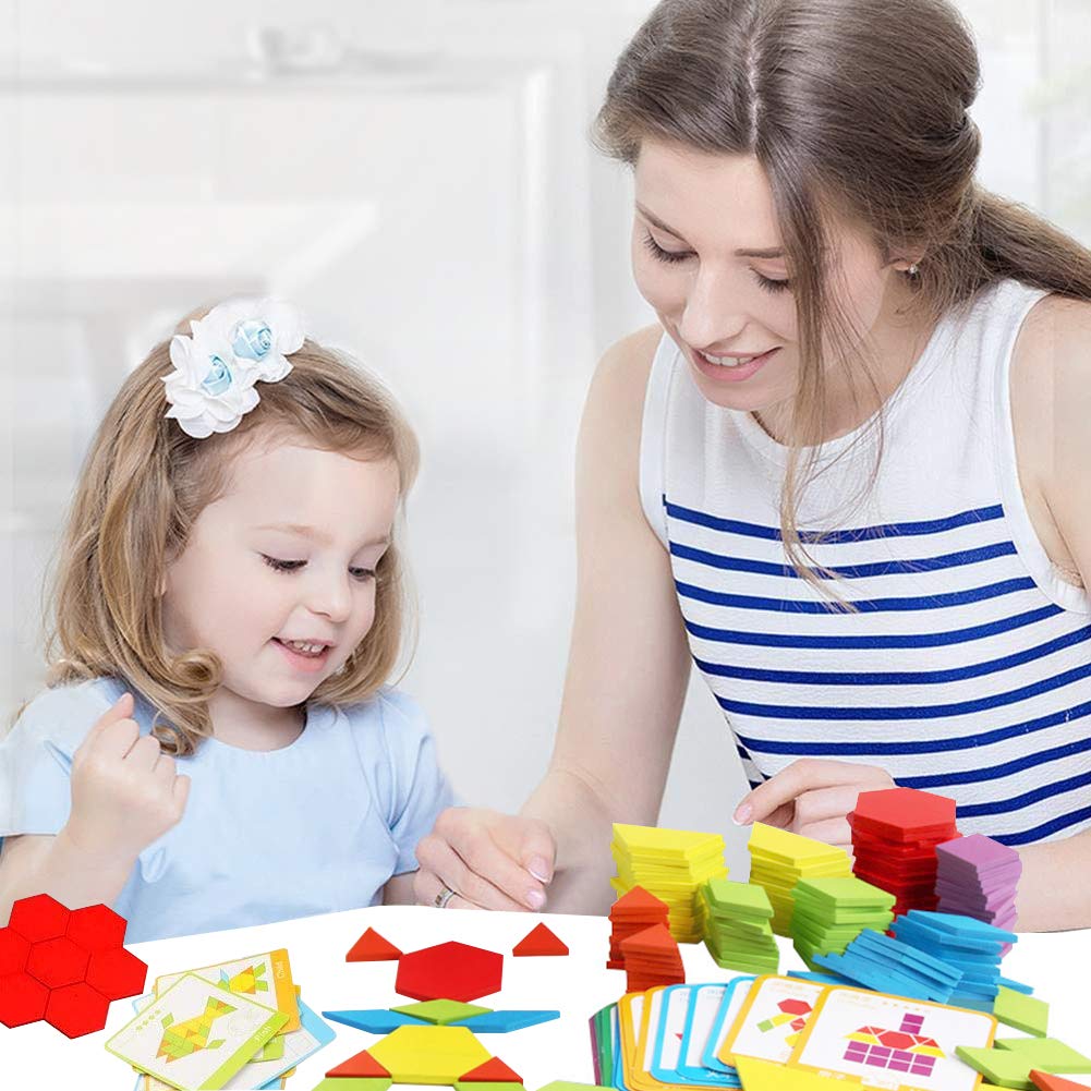 209 Pieces Wooden Pattern Blocks, Geometric Shapes Blocks Pattern Blocks with Cards Tangram Puzzles for Kids Educational Tangram Toys