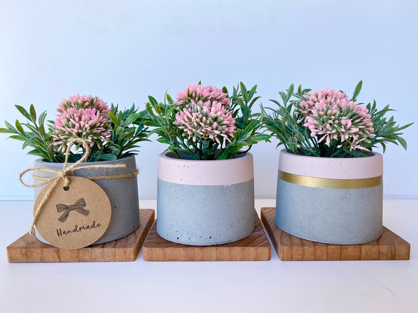 Artificial Pink Allium Flower Bulbs in Handmade Concrete Pot with Wood Tray  | MakerPlace by Michaels