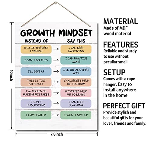 Growth Mindset Decor Sign, Hanging Printed Wall Plaque Wood Signs, School Psychologist Wall Art for Office Decor, Counselor Posters CBT Classroom Challenging Negative Thoughts, Gifts for Kids 10X7.8in
