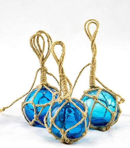 Glass Fishing Floats Aqua Japanese Glass Floats 2" Rope Ball Nautical Themed Wall Decor Beach House Decor Glass Buoys for Decoration 3 Pack