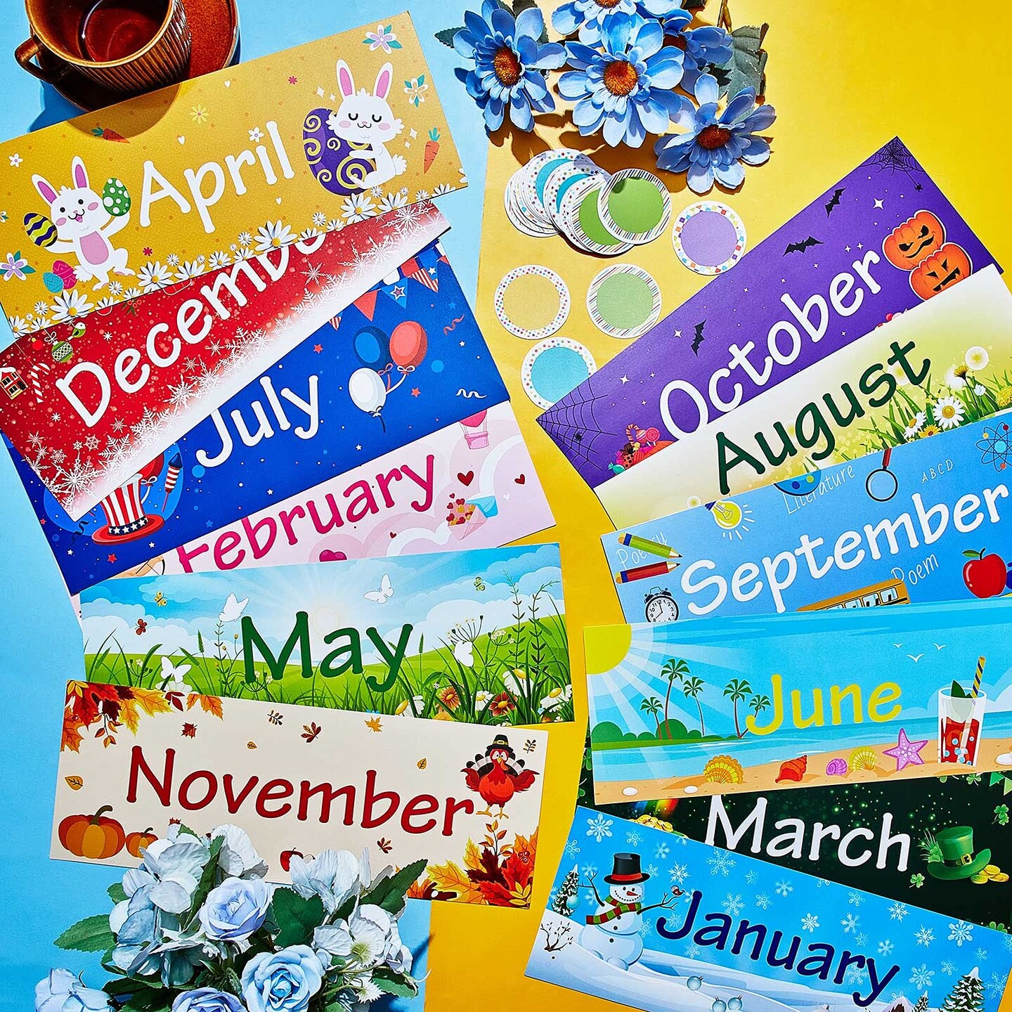 48 PCS Holiday Monthly Headliners Set 12 Months of The Year Headers Monthly Bulletin Board Borders Seasonal Monthly Headers with 36 Round Blank Confetti Cutouts for School Bulletin (Cute Style)