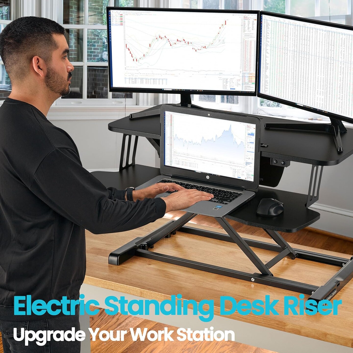 32" x 24" Electric Standing Desk Converter for Dual Monitor, Laptop Workstation with Wide Keyboard Tray, 32 Inch Height Adjustable Sit to Stand Desk Riser, Black