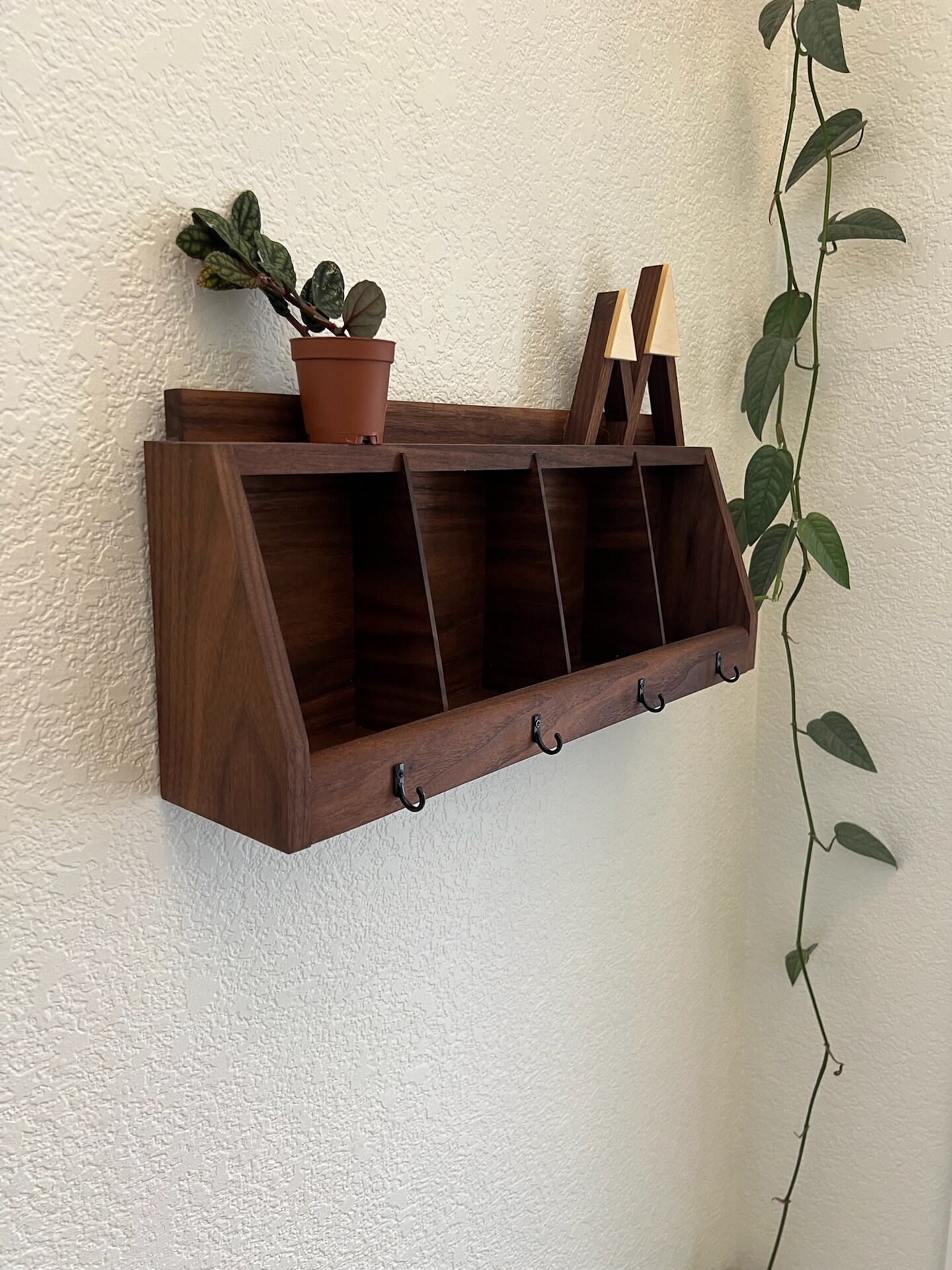 Coat Rack online Organizer in Maple with Walnut Trim with Shelf for Keys, Phone, Wallet