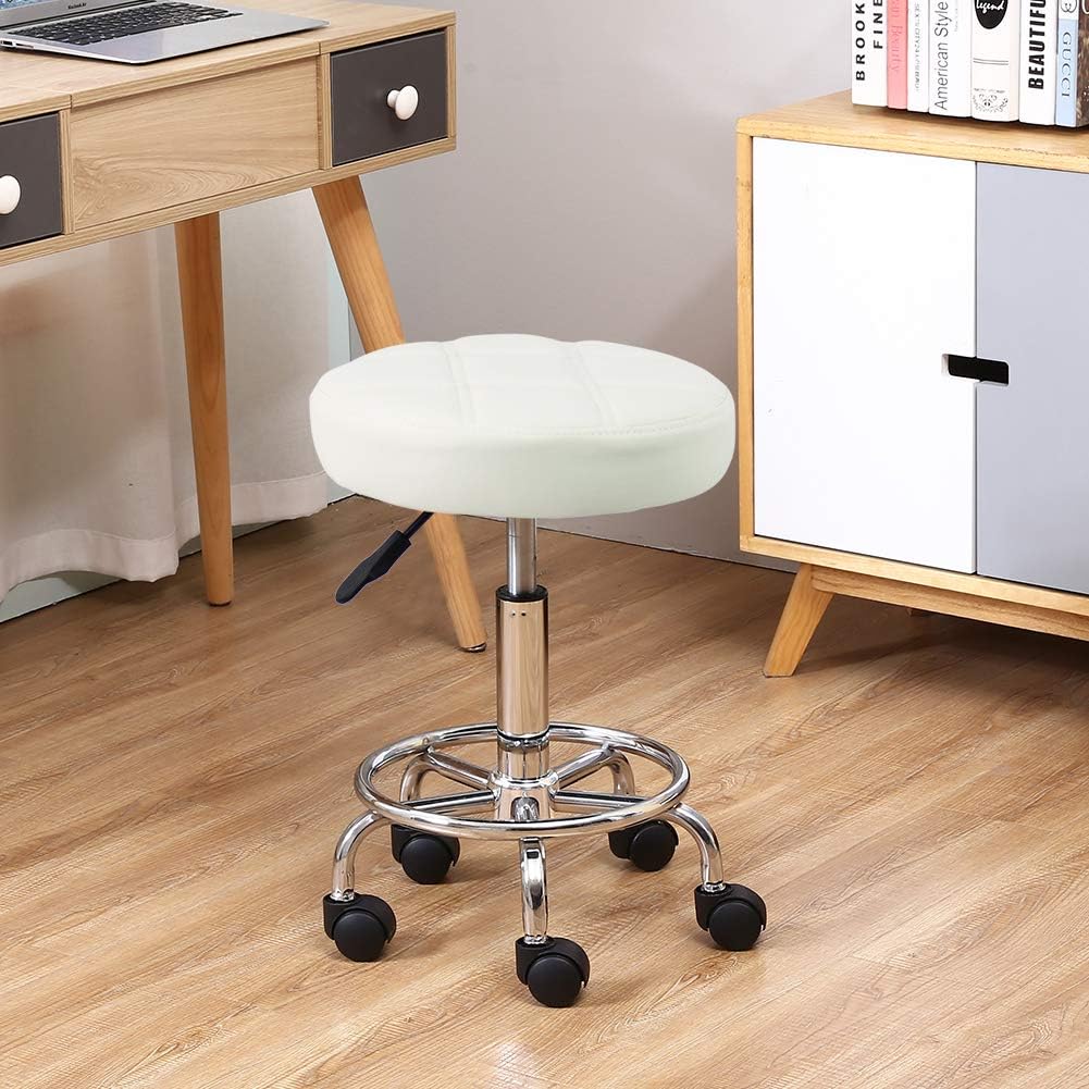 Round Rolling Stool Chair PU Leather Height Adjustable Swivel Drafting Work SPA Shop Salon Stools with Wheels Office Chair Small (White)