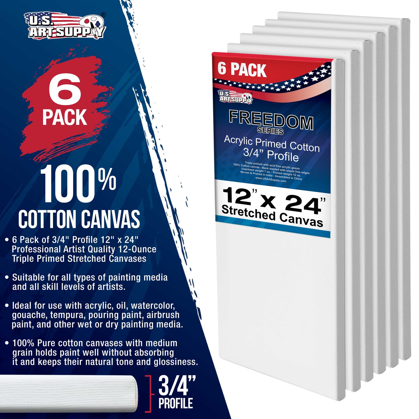 12 x 24 inch Stretched Canvas 12-Ounce Triple Primed, 6-Pack - Professional Artist Quality White Blank 3/4&#x22; Profile, 100% Cotton, Heavy-Weight Gesso
