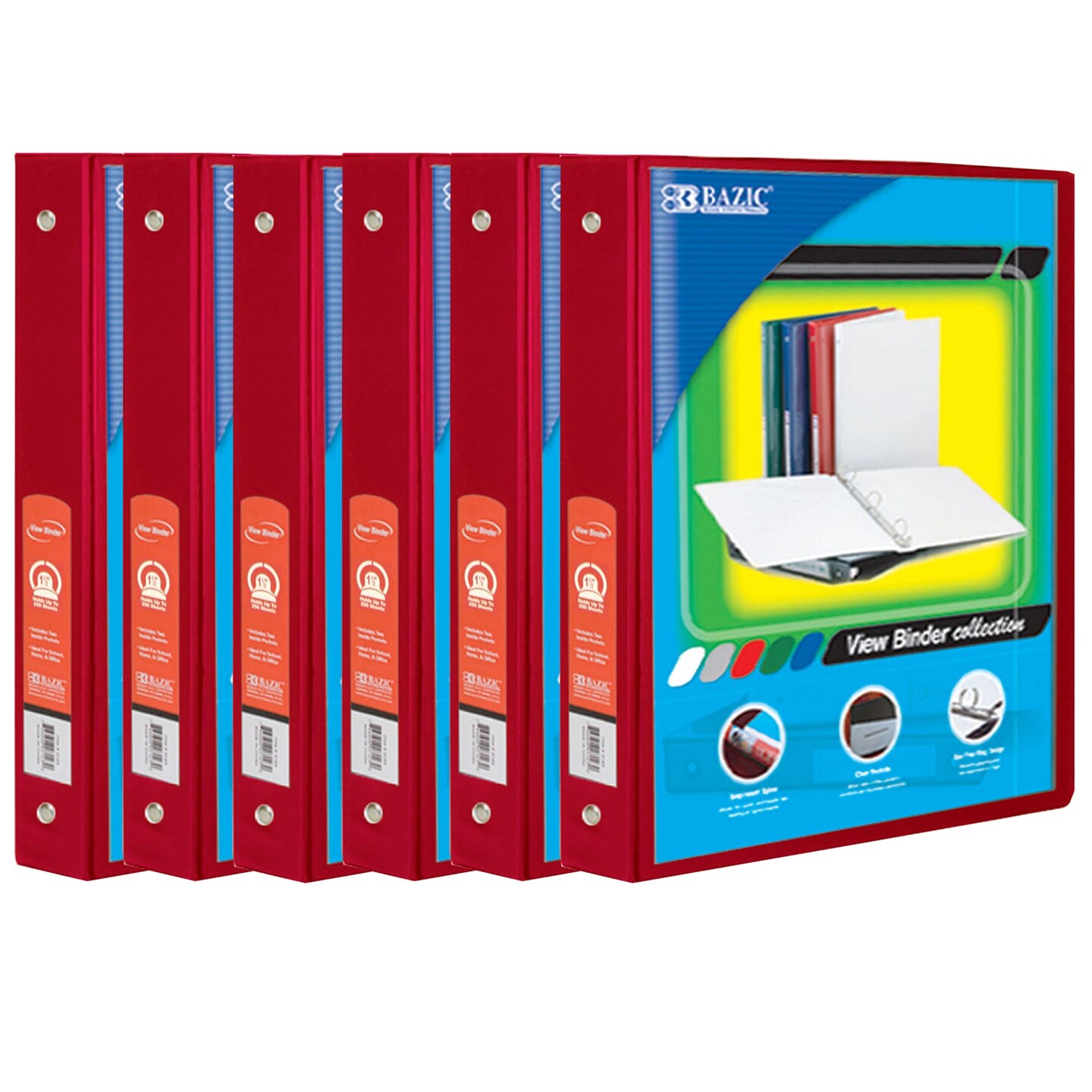 3-Ring View Binder with 2 Pockets, 1.5&#x22;, Red, Pack of 6