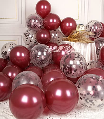 42 Pack Party Balloons - Metallic Burgundy and Confetti Latex Helium Balloons with 64ft Ribbons | 12 Inch Maroon Chrome Balloon Decoration Set