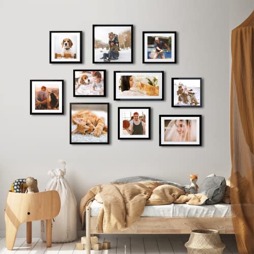 upsimples 8x8 Picture Frame Made of High Definition Glass, Display Pictures  5x5 with Mat or 8x8 Without Mat, Gallery Wall Frame Set, Black